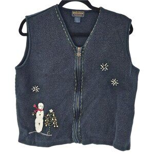 Woolrich Snowman Sweater Vest Black Christmas Appliqué Zip Snowflakes Vintage